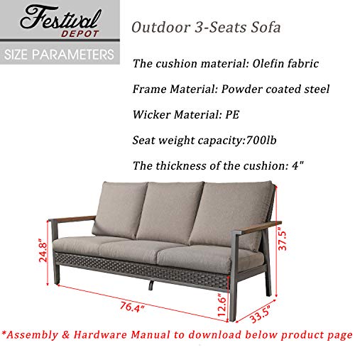 Festival Depot 3 Seats Patio Chair Rattan Wicker Bench in Metal Frame Sofa with Removable Cushions Outdoor Furniture for Lawn Garden Backyard, Dark Grey