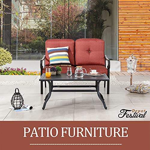 Festival Depot 2 Pieces Outdoor Furniture Patio Conversation Set Bistro Loveseat with Seat and Back Thick Cushions and Metal Coffee Table with Slatted Steel Tabletop for Backyard Porch Balcony