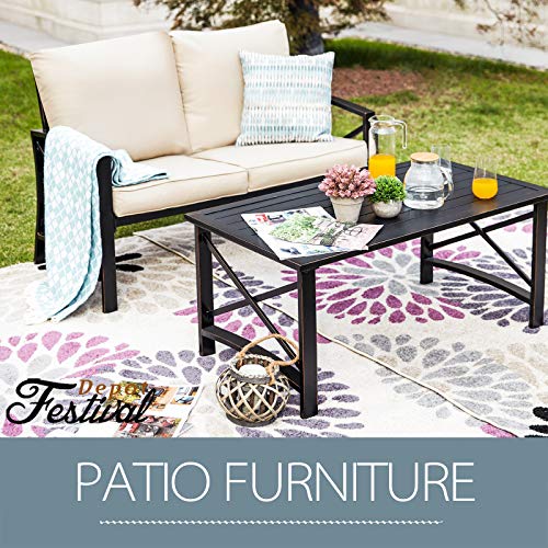 Festival Depot 2pcs Outdoor Furniture Patio Conversation Set Metal Coffee Table Loveseat Armchairs with Seat and Back Cushions Without Pillows for Lawn Beach Backyard Pool, Khaki