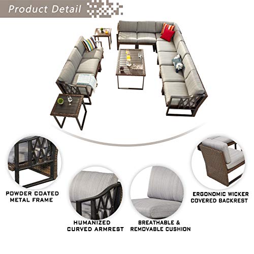Festival Depot 13Pc Outdoor Furniture Patio Conversation Set Sectional Corner Sofa Chairs All Weather Wicker Metal Frame Rectangle Side Slatted Coffee Table with Thick Grey Seat Back Cushion No Pillow