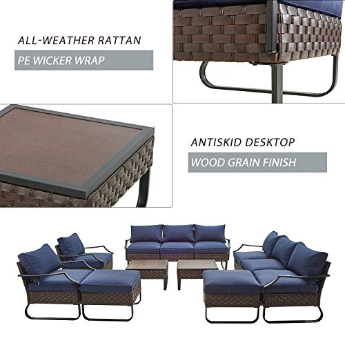 Festival Depot 12 Pcs Patio Conversation Sets Outdoor Furniture Sectional Sofa with All-Weather PE Rattan Wicker Chair,Loveseat Coffee Table and Thick Soft Removable Couch Cushions(Blue)