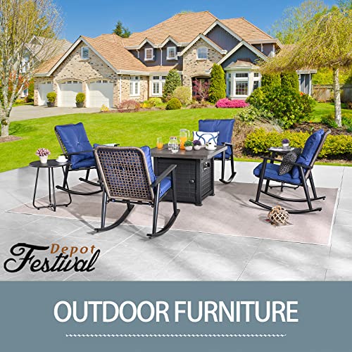 Festival Depot 7 Pieces Outdoor Fire Pit Table Set, Patio Conversation Set, Square Propane Gas Table, 4 PE Wicker Rocking Armchairs w/ Cushions and 2 Side Table Metal Furniture (Blue)