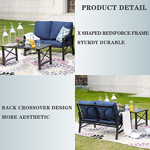 Festival Depot 2pcs Outdoor Furniture Patio Conversation Set Metal Coffee Table Loveseat Armchairs with Seat and Back Cushions Without Pillows for Lawn Beach Backyard Pool, Khaki