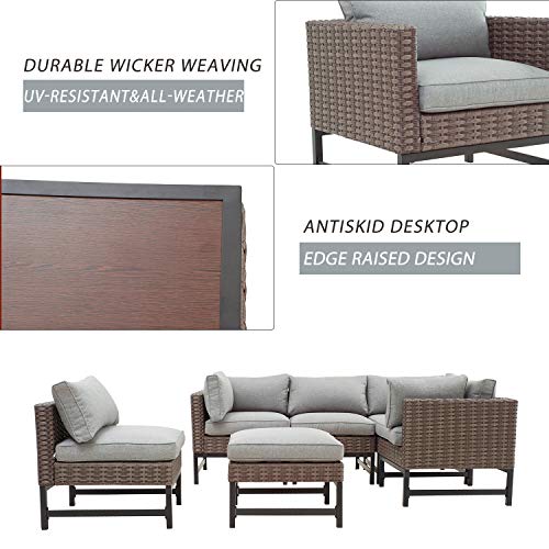Festival Depot 6 Pieces Patio Outdoor Furniture Conversation Set Sectional Corner Sofa Wicker Chairs Ottomans with Metal Frame Furniture Seating Thick Soft Cushion (Gray)