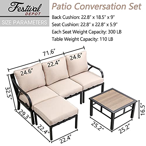 Festival Depot 5 Pieces Patio Conversation Set Sectional Chair Ottoman with Thick Cushions and Side Coffee Table All Weather Metal Outdoor Furniture for Deck Garden, Beige