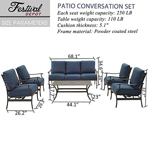 Festival Depot 6Pcs Outdoor Furniture Patio Conversation Set All Weather Black Metal Armchairs with Seat and Back Cushions, Rectangle Coffee Table for Deck Lawn Garden, Beige