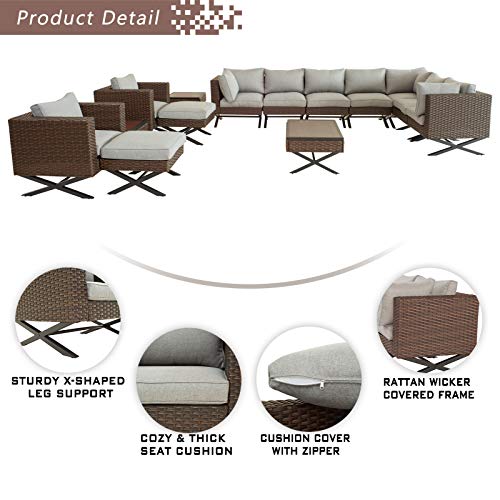 Festival Depot 14pcs Outdoor Furniture Patio Conversation Set Sectional Corner Sofa Chairs with X Shape Metal Leg All Weather Brown Rattan Wicker Ottoman Side Coffee Table with Grey Seat Back Cushions
