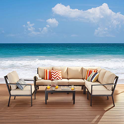 Festival Depot 8-Pieces Patio Outdoor Furniture Conversation Sets Loveseat Sectional Sofa, All-Weather Black X Slatted Back Chairs with Coffee Table and Thick Soft Removable Couch Cushions (Beige)