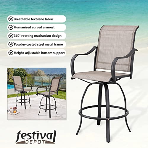 Festival Depot 9 Pcs Patio Dining Set Bar Height Stools Swivel Bistro Chairs with Armrest and Tempered Glass Top Table Metal Outdoor Furniture for Yard (Taupe)