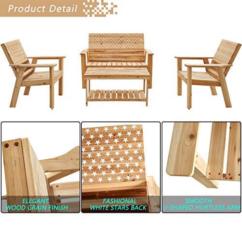 Festival Depot 4 Pieces Patio Furniture Outdoor Conversation Set Wood Armrest Loveseat Lounge Chair Stars and Strips Printing Dining Coffee Side Table