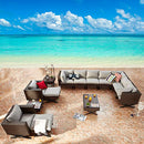 Festival Depot 14pcs Outdoor Furniture Patio Conversation Set Sectional Corner Sofa Chairs with X Shape Metal Leg All Weather Brown Rattan Wicker Ottoman Side Coffee Table with Grey Seat Back Cushions
