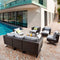 Festival Depot 10pcs Outdoor Furniture Patio Conversation Set Sectional Corner Sofa Chairs with X Shaped Metal Leg All Weather Brown Rattan Wicker Ottoman Coffee Table with Grey Seat Back Cushions