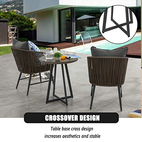 Festival Depot 3 Pieces Patio Furniture Outdoor Bistro Set Iron Desktop Wood Grain Circle Coffee Side Table Slatted Steel Frame
