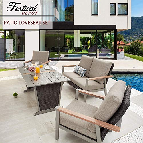 Festival Depot 4 Pieces Patio Outdoor Conversation Chairs Loveseat Set with Coffee Rectangle Table Metal Frame Furniture Garden Bistro Seating Thick Soft Cushions