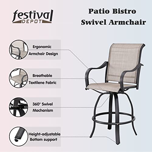 Festival Depot 9 Pcs Patio Dining Set Bar Height Stools Swivel Bistro Chairs with Armrest and Tempered Glass Top Table Metal Outdoor Furniture for Yard (Taupe)