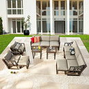 Festival Depot 12Pc Outdoor Furniture Patio Conversation Set Sectional Sofa Chairs All Weather Wicker Ottoman Metal Frame Slatted Side Coffee Table with Thick Grey Seat Back Cushions Without Pillows