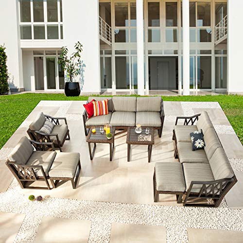 Festival Depot 12Pc Outdoor Furniture Patio Conversation Set Sectional Sofa Chairs All Weather Wicker Ottoman Metal Frame Slatted Side Coffee Table with Thick Grey Seat Back Cushions Without Pillows