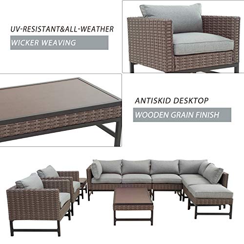 Festival Depot 10 Pieces Patio Conversation Set Combination Sectional Corner Sofa Set Outdoor Furniture Chairs with Cushions Side Coffee Table Ottoman, Gray