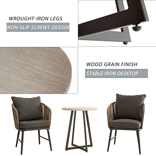 Festival Depot 3 Pieces Patio Furniture Outdoor Bistro Set Iron Desktop Wood Grain Circle Coffee Side Table Slatted Steel Frame