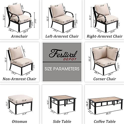 Festival Depot 9 Pieces Patio Conversation Set Sectional Sofa Armchair with Thick Cushions and Side Coffee Table All Weather Metal Outdoor Furniture for Deck Garden, Beige