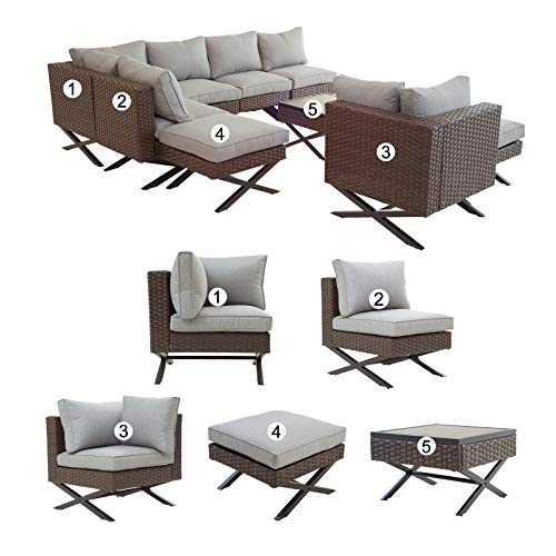 Festival Depot 9pcs Outdoor Furniture Patio Conversation Set Sectional Corner Sofa Chairs with X Shaped Metal Leg All Weather Brown Rattan Wicker Ottoman Side Coffee Table with Grey Seat Back Cushions