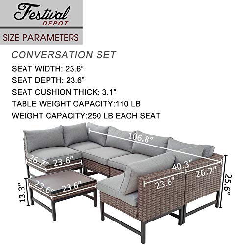 Festival Depot 7 Pieces Patio Outdoor Furniture Conversation Sets Sectional Corner Sofa, Weaving Wicker Chairs with Side Coffee Table and Cushions (Grey)