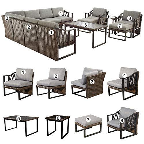 Festival Depot 13Pc Outdoor Furniture Patio Conversation Set Sectional Corner Sofa Chairs All Weather Wicker Ottoman Metal Frame Slatted Coffee Table with Thick Grey Seat Back Cushions Without Pillows