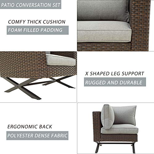 Festival Depot 5 Piece Patio Outdoor Furniture Conversation Set Wicker Rattan Armchair Corner Sofa and Coffee Table X Shaped Slatted Steel Frame Leg for Porch Lawn Garden Balcony Pool Backyard