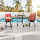 Festival Depot 3 Pcs Outdoor Furniture Bar Stools Set of 2 Swivel Chairs with Cushions and 1 High Bistro Tables with Tempered Glass Tabletop in Metal Frame (Red)