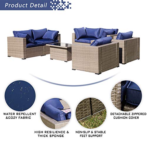 Festival Depot 7 Pieces Patio Furniture Outdoor Conversation Set Sectional Wicker Sofa Set with Removable Seat Cushions and Coffee Table with Tempered Glass for Garden Deck Porch Lawn Balcony, Blue