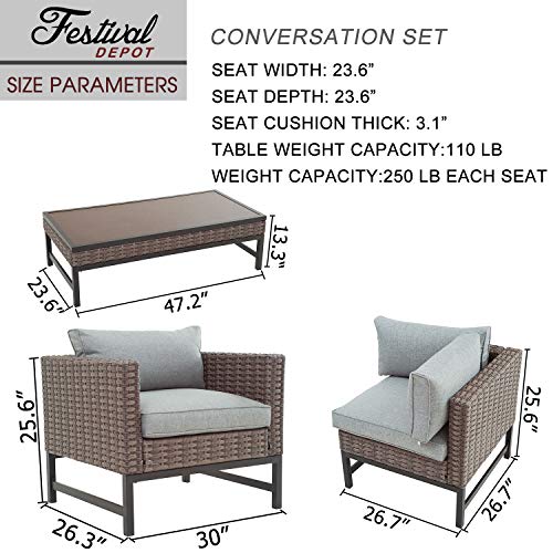 Festival Depot Patio 7 Pieces Outdoor Conversation Sets Furniture Sectional Corner Sofa, All-Weather Brown Manual Weaving Wicker Chairs with Side Coffee Table, Soft Back Seating Couch Cushions (Grey)