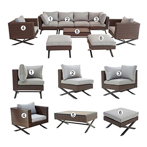 Festival Depot 9pcs Outdoor Furniture Patio Conversation Set Sectional Corner Sofa Chairs with X Shaped Metal Leg All Weather Brown Rattan Wicker Ottoman Coffee Table with Grey Seat Back Cushions