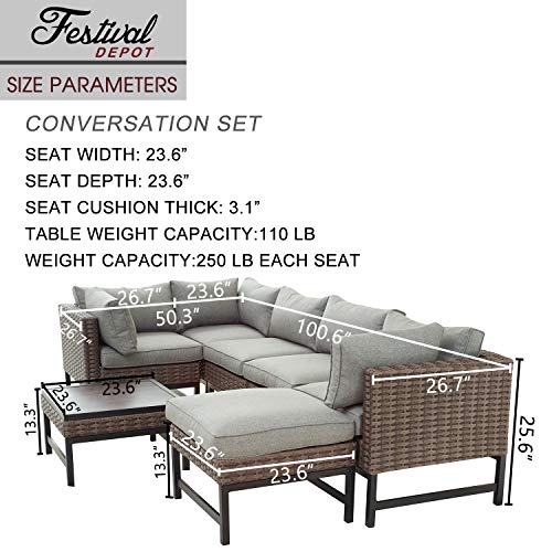 Festival Depot 7 Pieces Patio Outdoor Furniture Conversation Sets Sectional Corner Sofa with Wicker Chairs, Ottoman, Coffee Table and Comfy Thick Seat Cushions(Grey)