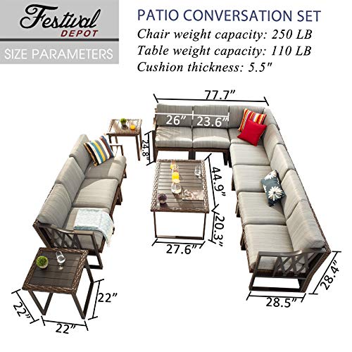 Festival Depot 13Pc Outdoor Furniture Patio Conversation Set Sectional Corner Sofa Chairs All Weather Wicker Metal Frame Rectangle Side Slatted Coffee Table with Thick Grey Seat Back Cushion No Pillow
