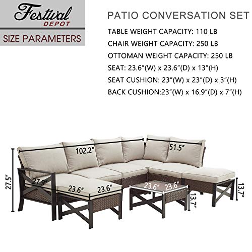 Festival Depot 8 Pcs Patio Outdoor Furniture Conversation Set Sectional Corner Sofa with All-Weather Brown PE Rattan Wicker Back Chair, Ottoman, Coffee Table and Thick Removable Couch Cushions
