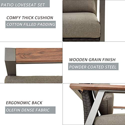 Festival Depot 4 Pieces Patio Conversation Set Metal Loveseats Wicker Back 3-Seater Sofa with Thick Cushions and Coffee Table Outdoor Furniture for Deck Garden (4pc Patio Loveseat Set 2)