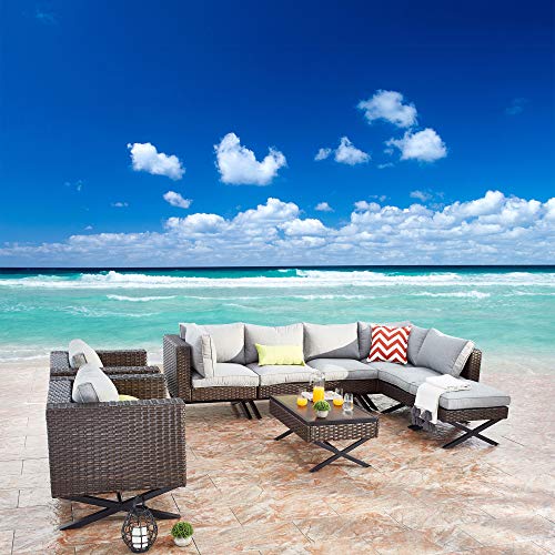Festival Depot 10Pc Outdoor Furniture Patio Conversation Set Sectional Corner Sofa Chairs with X Shaped Metal Leg All Weather Brown Rattan Wicker Ottoman Side Coffee Table with Grey Seat Back Cushions