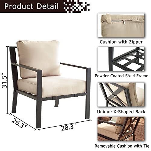 Festival Depot 5 Pieces Outdoor Fire Propane Pit Conversation Set, 4 Patio Dining Armchairs with Cushions Metal Frame and 34 inch 50000 BTU Auto-Ignition Square Propane Gas Fire Pit Table (Beige)