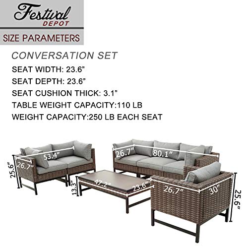 Festival Depot Patio 7 Pieces Outdoor Furniture Conversation Sets Sectional Corner Sofa, All-Weather Brown Manual Weaving Wicker Chairs with Side Coffee Table, Soft Back Seating Couch Cushions (Grey)