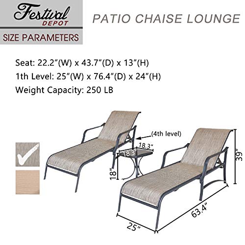 Deluxe 3 Piece Patio Set with Adjustable Textilene Chaise Lounges and Glass Coffee Table
