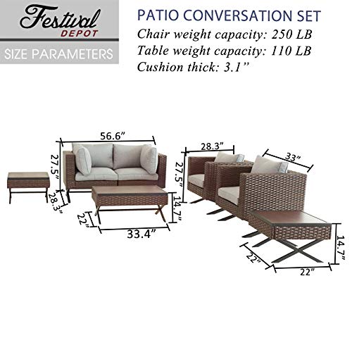 Festival Depot 7pcs Outdoor Furniture Patio Conversation Set Sectional Sofa Chairs with X Shaped Metal Leg All Weather Brown Rattan Wicker Rectangle Square Coffee Table with Grey Seat Back Cushions