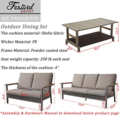 Festival Depot 4 Pcs Patio Conversation Set Wicker Chairs Loveseats with Thick Cushions and Coffee Table in Metal Frame Outdoor Furniture for Deck Garden