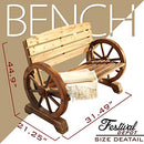 Festival Depot Wooden Wagon Wheel Bench Rustic Armrest Chair 2-Person Outdoor Patio Furniture Loveseat with Backrest, Slatted Seat for Garden Country Yard, Burnt-Finished