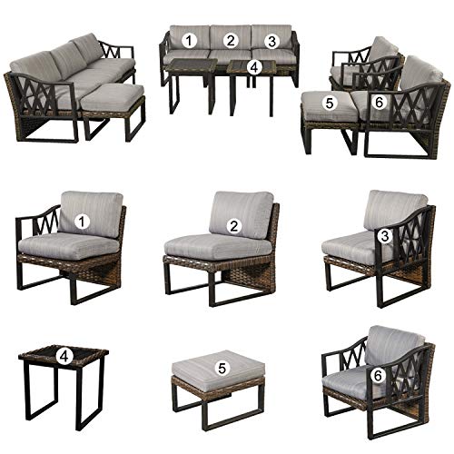 Festival Depot 12Pc Outdoor Furniture Patio Conversation Set Sectional Sofa Chairs All Weather Wicker Ottoman Metal Frame Slatted Side Coffee Table with Thick Grey Seat Back Cushions Without Pillows