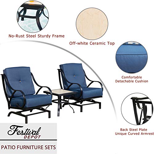 Festival Depot 3-Piece Bistro Outdoor Patio Furniture Sets Square Metal Ceramic Top Coffee Table Slatted Steel Frame Armrest Chairs with Curved Armrest with 5.9''Thick Soft Cushions Garden Porch,Blue