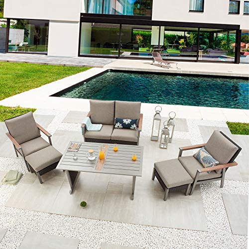 Festival Depot 6pcs Patio Conversation Set Metal Armchair All Weather Wicker Loveseat Rattan Ottoman with Grey Thick Cushions and Coffee Table Outdoor Furniture for Deck Poolside
