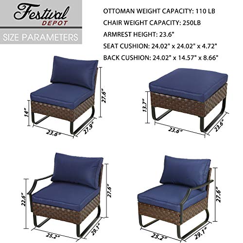 Festival Depot 4 Pieces Patio Dining Furniture Outdoor Armchair Combination Conversation Set All-Weather Ottoman with U Shaped Steel Leg for Porch Lawn Garden Balcony Pool Backyard, Brown