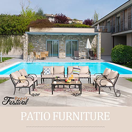 Festival Depot 10pcs Patio Conversation Set Sectional Metal Chairs with Cushions and Coffee Tables Outdoor All Weather Furniture for Garden Backyard, Beige