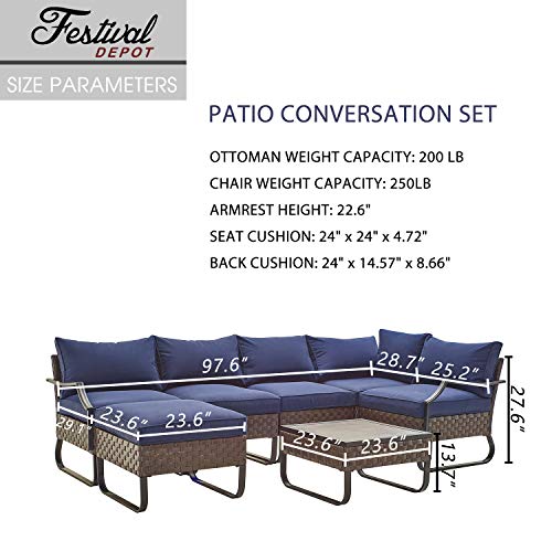 Festival Depot 7 Pieces Patio Outdoor Furniture Conversation Sets Chairs Sectional Corner Sofa, All-Weather Wicker Back Chair with Coffee Square Table and Thick Soft Removable Couch Cushions (Blue)