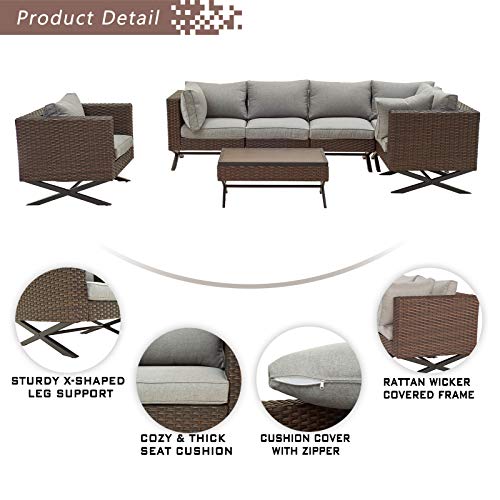 Festival Depot 7pcs Outdoor Furniture Patio Conversation Set Sectional Corner Sofa Chairs with X Shaped Metal Leg All Weather Brown Rattan Wicker Rectangle Coffee Table with Grey Seat Back Cushions
